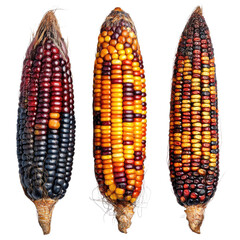 Three colorful corn cobs on transparent Background