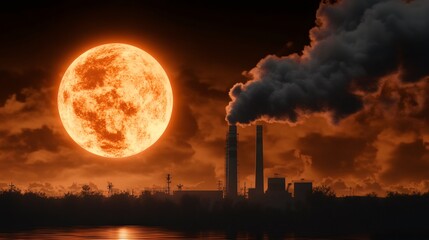 Obraz premium Industrial plant polluting the atmosphere under a giant surreal moon
