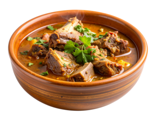 Traditional Pakistani Goat Trotters Stew Served in Rustic Bowl Isolated on Transparent Background PNG