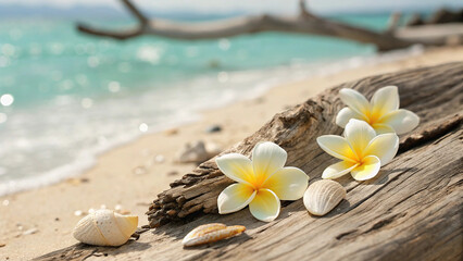 White Plumeria Flowers and Seashells on Driftwood Beach
