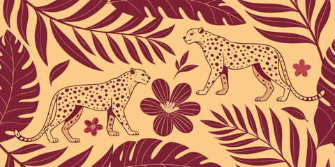 Stylish modern , Seamless Pattern with leopards Tropical Leaves, and Flowers wallpapers silhouette in yellow red background vector illustration.