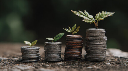 Coins with plant growing, symbol of sustainable growth
