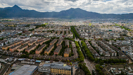 Aerial view of Dayan, the Old Town of Lijiang, in Yunnan, China, traditional Chinese architecture...