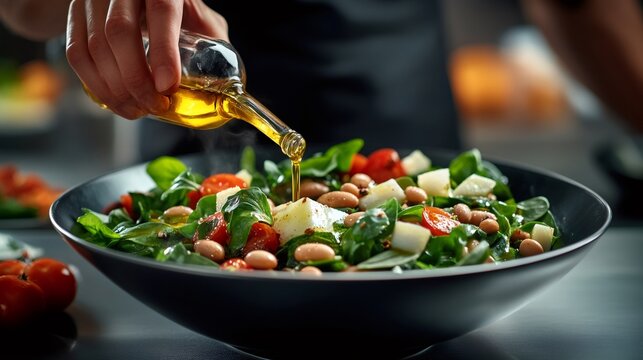 Chef pouring olive oil over fresh salad with spinach, beans, tomatoes, and cheese