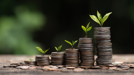 Coins with plant growing, symbol of sustainable growth