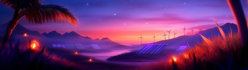 A vibrant sunset over a futuristic landscape with solar panels, wind turbines, and mountains framed by palm trees.