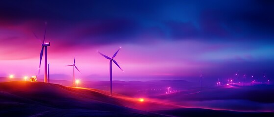 A vibrant twilight landscape featuring wind turbines on rolling hills illuminated by colorful lights under a dramatic purple and blue sky.
