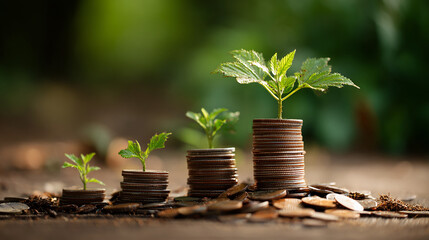 Coins with plant growing, symbol of sustainable growth