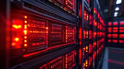 Close-Up View of Data Center Server Rack with Red LED Lights
