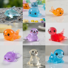 Colorful resin marine mammals figurines featuring adorable dolphin, seal, and otter designs.