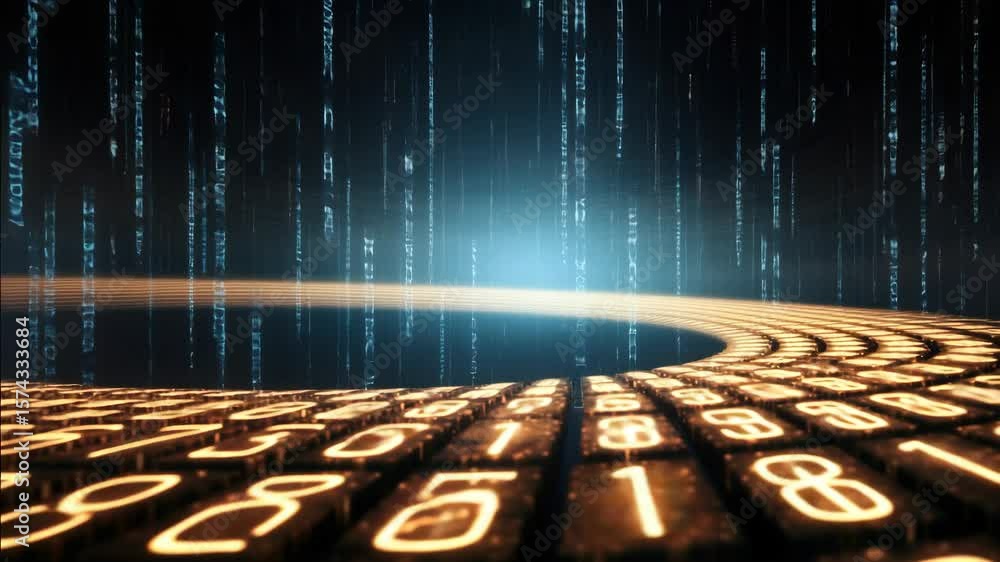 Poster futuristic video concept with glowing numbers and digital rain. low-angle view creates a sense of de