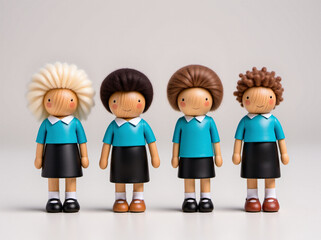 A charming collection of wooden dolls, each with unique hairstyles and outfits, showcasing diversity and creativity.