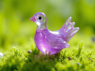 A whimsical, sparkling purple resin bird figurine set against a vibrant green moss background