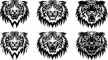 Fototapeta premium Collection of six fierce tribal tiger head designs in black and white