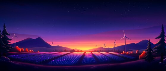 A vibrant sunset illuminates a solar farm with wind turbines and mountains in the distance, blending renewable energy and natural beauty under a starry sky.