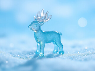 A delicate blue resin reindeer figurine set against a soft, snowy background