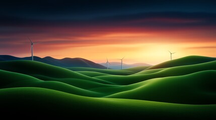 Sunset over rolling green hills with wind turbines scattered across the landscape, creating a serene, eco-friendly atmosphere.