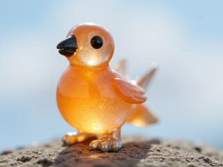 A whimsical resin bird figurine shimmering in sunlight.