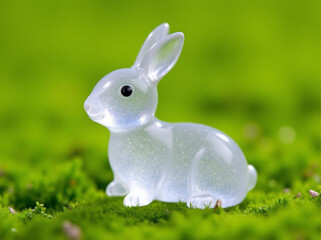 A charming translucent resin rabbit figurine set against a vibrant green moss background.