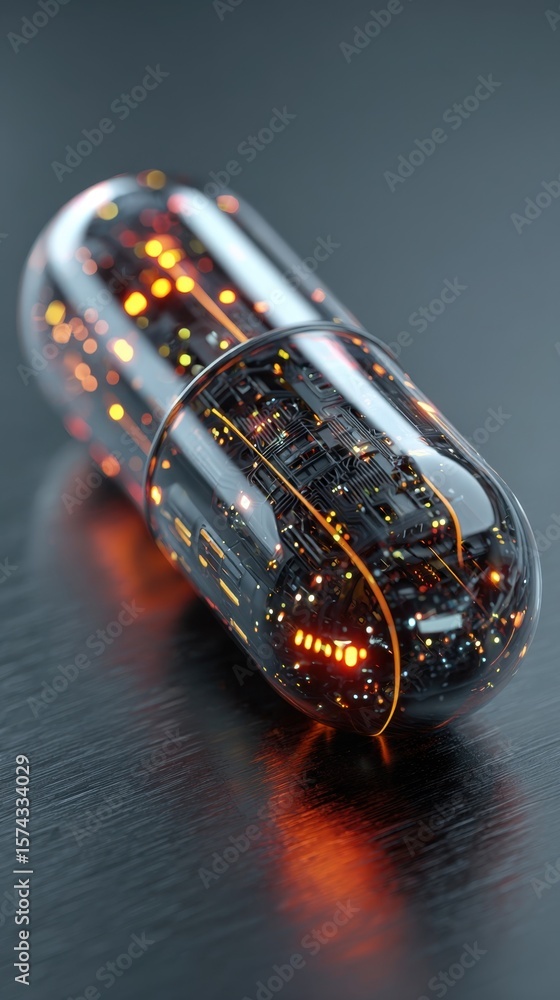 Poster a hightech capsule with pulsating lights and intricate designs set against a dark background represe