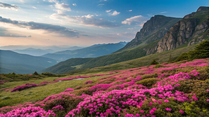 Mountain Slope Covered in Vibrant Pink Rhododendron Flowers
