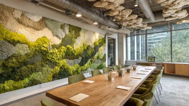 Eco-Friendly Office Interior: A contemporary office space showcasing a living moss wall art installation, a symbol of nature's integration into the workplace, evoking a sense of tranquility. 