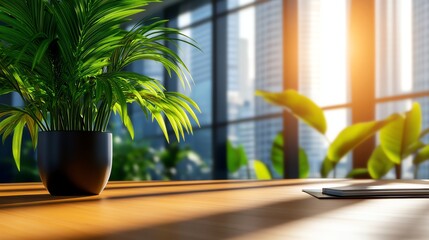 A green potted plant sits on a wooden table bathed in sunlight with a bright indoor space and large windows overlooking a cityscape in the background.