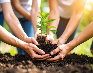 Hands holding a young tree in the ground
