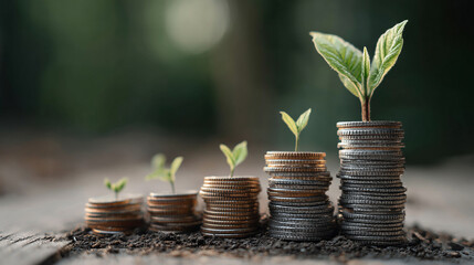 Coins with plant growing, symbol of sustainable growth