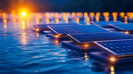 Floating solar panels on water surface during sunset, capturing sunlight for renewable energy production.
