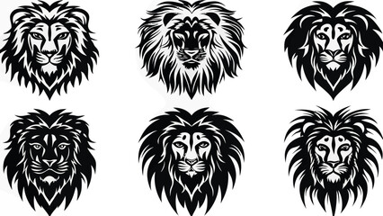 Obraz premium Collection of six stylized black and white lion head illustrations with detailed manes