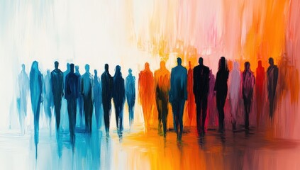 Fototapeta premium Abstract painting depicting a group of people in silhouette, transitioning from cool blue tones to warm orange and red hues.