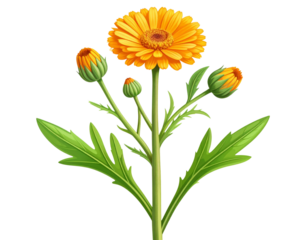 "Calendula Flower Stem with Leaves in Flat Botanical Illustration, Isolated PNG"And transparent the background.