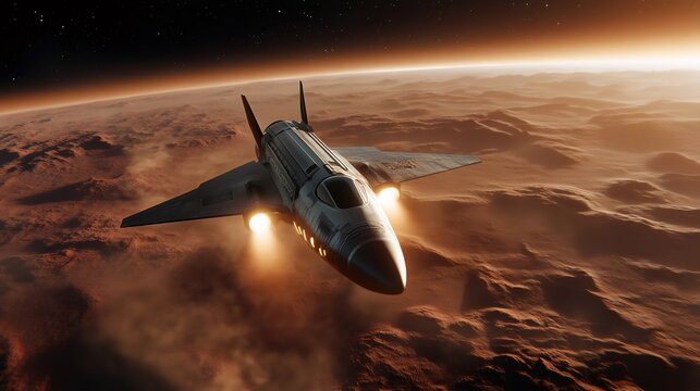 Futuristic spaceship flying over mars during sunset