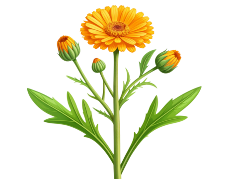  "Calendula Flower Stem with Leaves in Flat Botanical Illustration, Isolated PNG"And transparent the background.