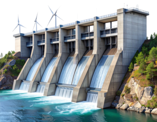 Detailed Illustration of Modern Hydroelectric Dam with Turbines Isolated on Transparent Background PNG