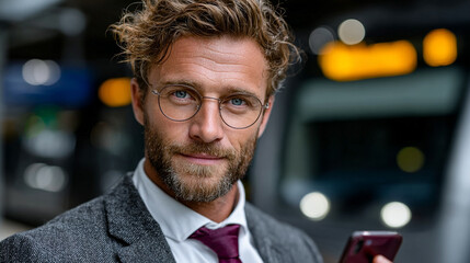 Portrait of a handsome businessman with a smartphone at a train station, looking at the camera and smiling while waiting for his ride. He is wearing glasses, a gray suit jacket, a white shirt, a tie,