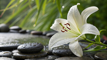 White lily with water droplets on dark stones flower 2