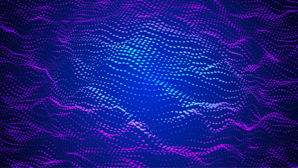 Abstract Wave Pattern With Dot. Blue And Purple Big Data Background For Ai Concept. Tech Sound Design.  Electric Transfer Through Fractal Network And Wide Form. Wavy Dots Noise Bg.