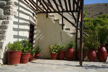 Red clay pots with lush plants and blooming flowers line a rustic stone wall, blending natural...