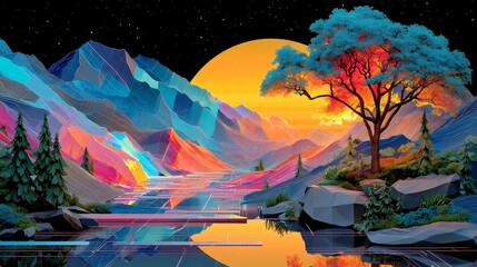 Chromatic Mesh Valley, a vibrant futuristic landscape featuring a grid of hot pink and cyan, enhanced by a smooth gradient night sky and striking angular formations.