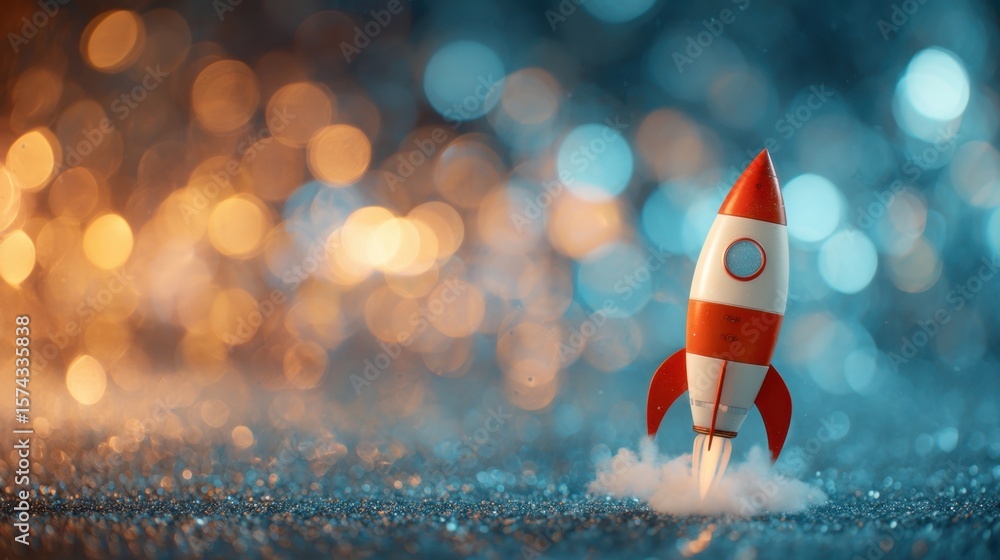 Poster capturing the excitement of space travel this dynamic shot features a red and white rocket blasting 