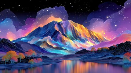 Cyber Neon Mountain Loop, a mesmerizing landscape featuring endless wireframe mountain loops beneath a vibrant magenta sky, adorned with luminous vector stars and sleek outlines.