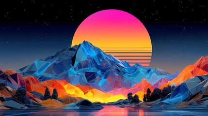 Neon Desert Dusk, a vibrant wireframe landscape illuminated by a colossal pink and purple sun descending behind radiant hills, creating a surreal twilight atmosphere.