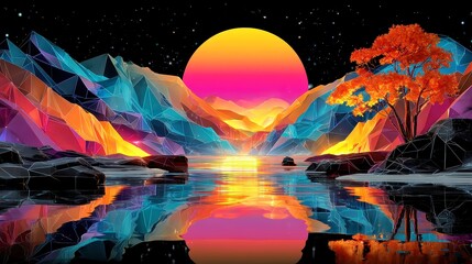 Digital Sunset Mirage, a vibrant neon desert landscape, flat wireframe terrain illuminated by a colossal pink and purple sun descending behind radiant hills.