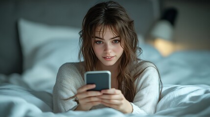 Young woman using smartphone in bed, checking social media before sleep
