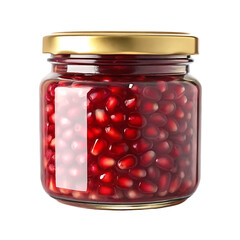Glass jar filled with fresh vibrant red pomegranate seeds and a golden lid isolated on transparent background