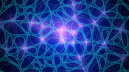Blue Organic Cell Pattern With Neural Texture. Abstract Voronoi Network. Ai Bg With Neuron And Synapse Geometry. Cyber Grid And Mesh. Techno Background With Dynamic Lines And Curve. Biology Structure