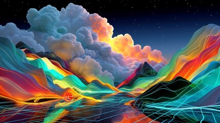 Electric Mirage Horizon, vibrant neon wire grids undulate like waves beneath a mesmerizing teal and indigo sky, creating a captivating visual landscape.