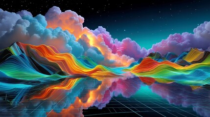 Electric Mirage Horizon, vibrant neon wire grids undulate in waves under a stunning teal and indigo sky, creating a mesmerizing visual landscape of color and movement.